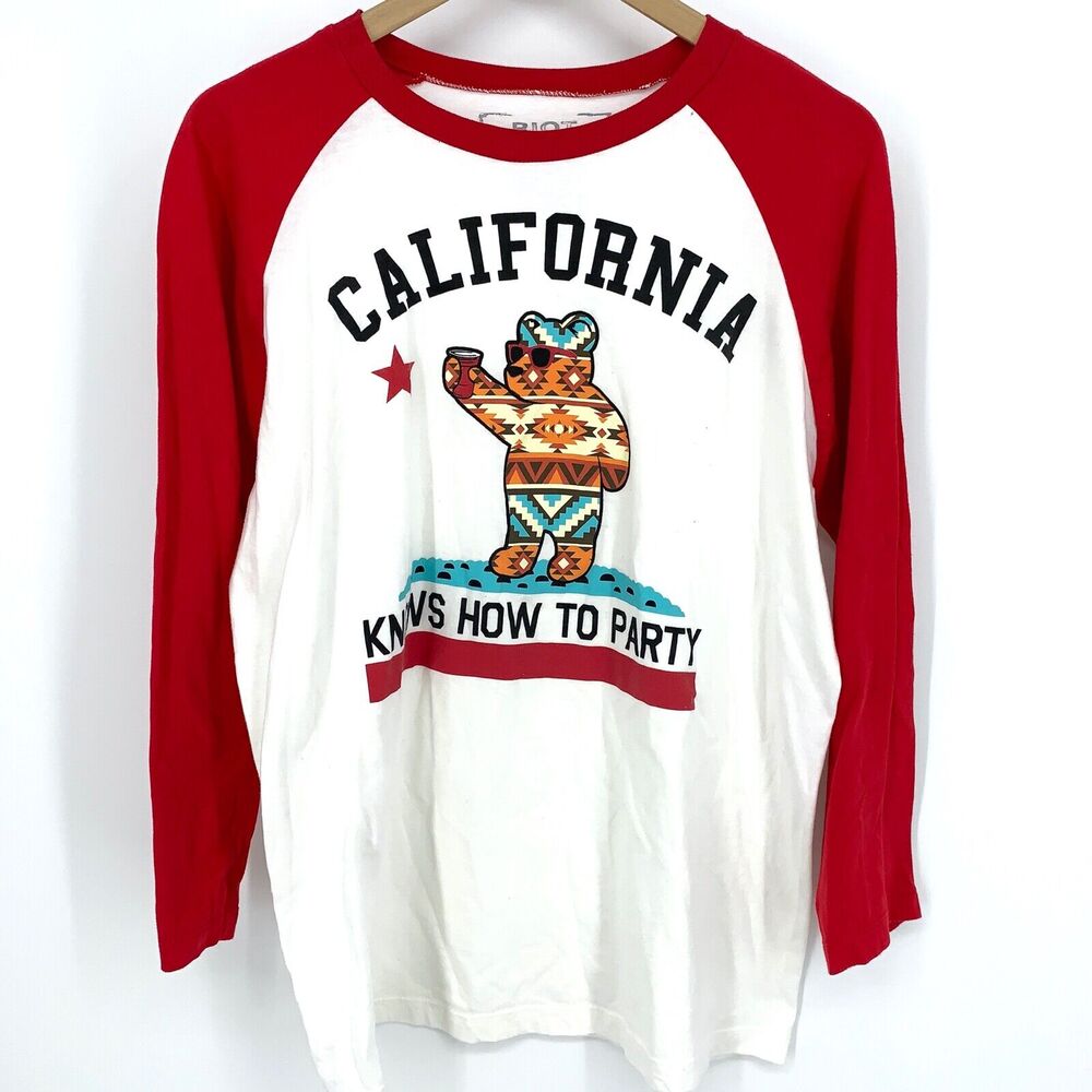 Riot Society California Knows How To Party Womens Large Bear Red & White T-Shirt